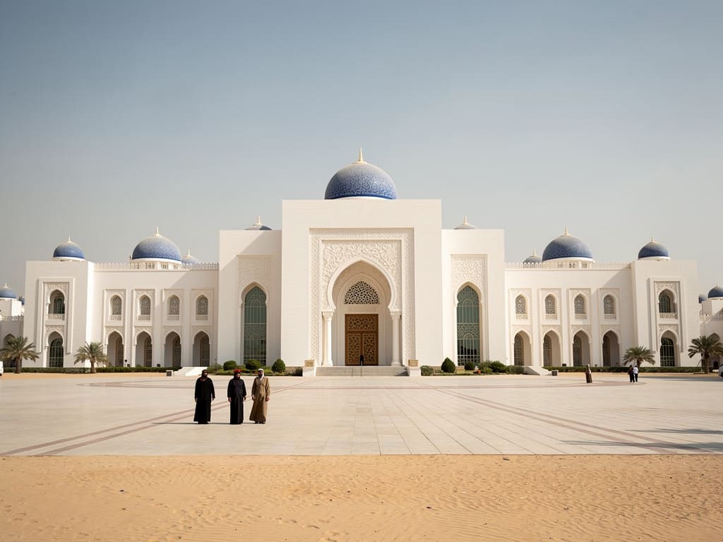 Grand white palace exterior in Abu Dhabi with respectfully dressed visitors