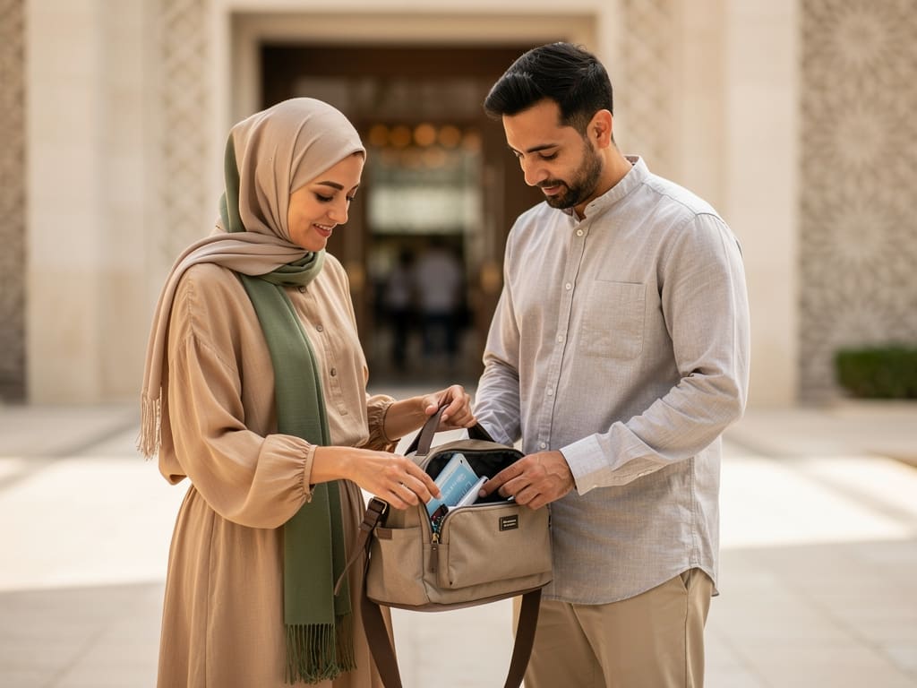 Respectfully dressed visitors preparing a small day bag